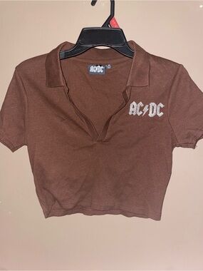 AC/DC Women’s Brown Polo Ribbed Crop Top V-Neck Sz Medium